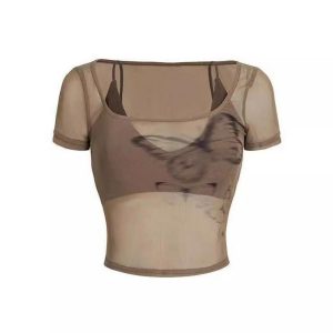 Summer Butterfly Print Mesh Camisole and Short-Sleeve T-Shirt Women's Two-Piece Set - Trendy Niche Style for Y2K Fashion