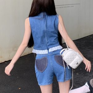 Summer Denim Vest Top and Wide-Leg Shorts Set - Fresh and Youthful Outfit for Effortless Style