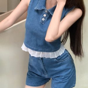 Summer Denim Vest Top and Wide-Leg Shorts Set - Fresh and Youthful Outfit for Effortless Style