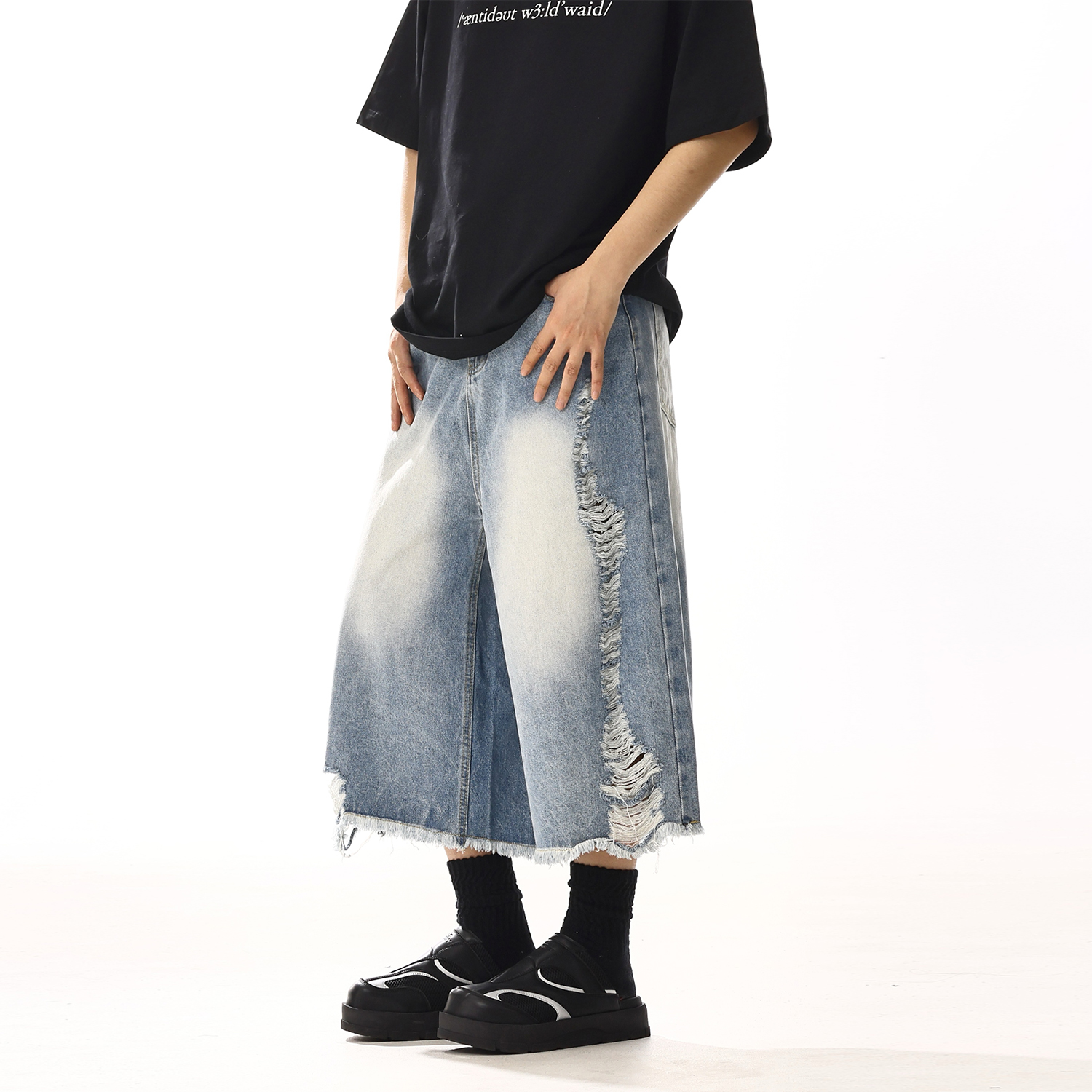 Summer Distressed Frayed Denim Shorts, Unisex Loose Casual Straight-Leg 90s Style Eight-Point Pants