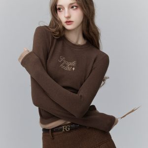 Summer Embroidered T-Shirt - Stranded Three-Color Warm Inner Layer, Fake Two-Piece Design, Perfect for Y2K and 90s Style Fashion