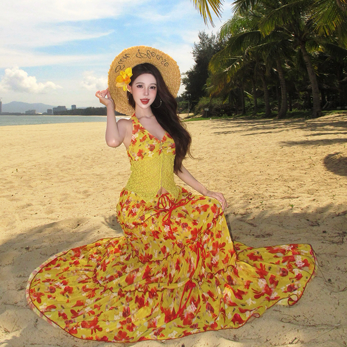 Summer Floral Halter Backless Dress and Skirt Two-Piece Set for Women - Seaside Vacation Outfit