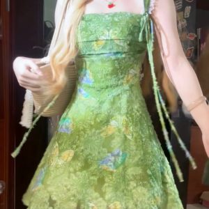 Summer Green Wild Fairy Tale Backless Dress for Women - Lace Splicing, Slimming Waist, Short Skirt, Y2K Style