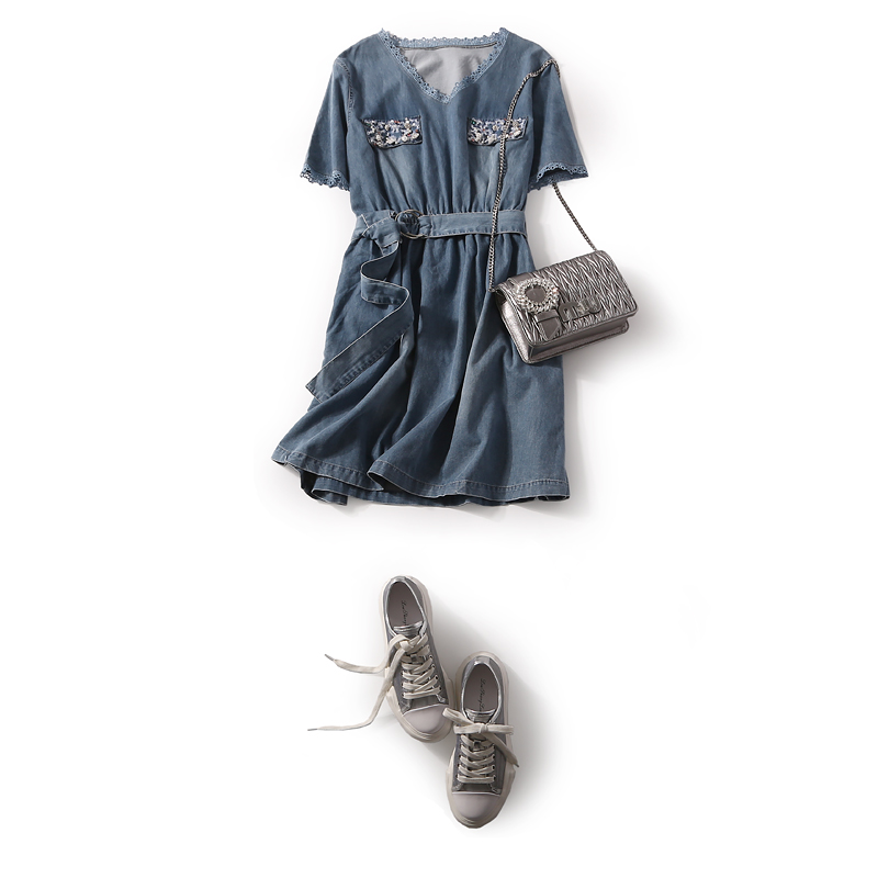 Summer Hollow Lace V-Neck Sequin Beaded Casual Denim Dress with Elastic Waist - European Style Fashion