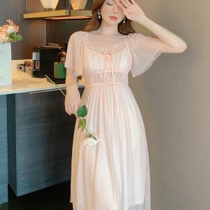 Summer Lace Short Sleeve Sleep Dress for Women with Chest Pads - 2025 New Princess Style Homewear