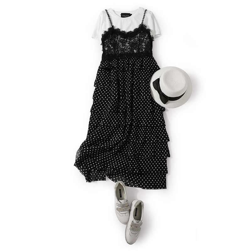 Summer Layered Polka Dot Ruffled Strap Dress and Plain T-Shirt Two-Piece Set - European Style for Trendy Looks