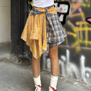 Summer Mini Skirt - Vintage Plaid A-Line with Tie-Up Detail, Slim Fit for a Trendy 90s Inspired Look