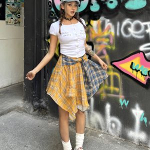 Summer Mini Skirt - Vintage Plaid A-Line with Tie-Up Detail, Slim Fit for a Trendy 90s Inspired Look