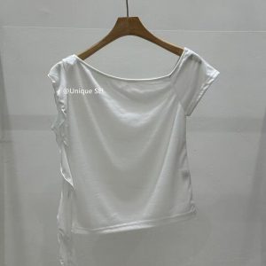Summer Off-Shoulder Flowing Ribbon T-Shirt for Women - Soft Comfortable Irregular Design, Slimming Short Sleeve, 90s Inspired