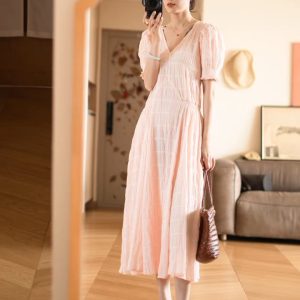 Summer Pink Loose Fit Dress for Women, Flattering Pleated Long Skirt, Perfect for Petite Figures, Goddess-Like Style