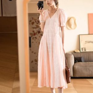 Summer Pink Loose Fit Dress for Women, Flattering Pleated Long Skirt, Perfect for Petite Figures, Goddess-Like Style