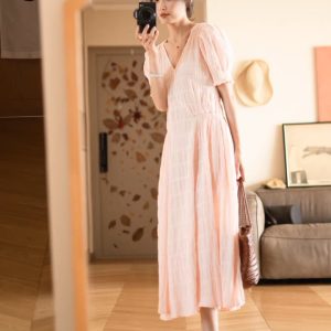 Summer Pink Loose Fit Dress for Women, Flattering Pleated Long Skirt, Perfect for Petite Figures, Goddess-Like Style