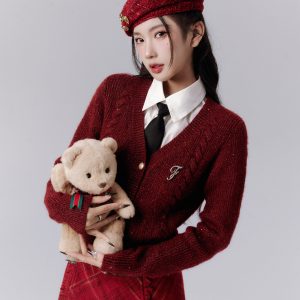 Summer Red Knitted Cardigan in Energetic College Style with Cherry Rum Vibes - Trendy 90s Inspired Fashion Outerwear