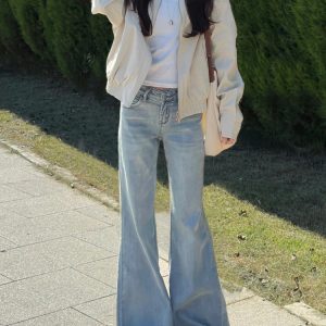 Summer Retro Light-Colored Flared Jeans for Women - Low-Waist Stretchy Wide-Leg Slim Straight Pants