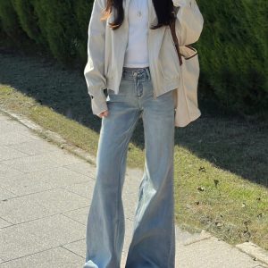 Summer Retro Light-Colored Flared Jeans for Women - Low-Waist Stretchy Wide-Leg Slim Straight Pants