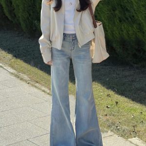 Summer Retro Light-Colored Flared Jeans for Women - Low-Waist Stretchy Wide-Leg Slim Straight Pants