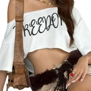 Summer Sexy Cropped Loose T-Shirt with Wide Shoulder Letter Print - European and American Street Style
