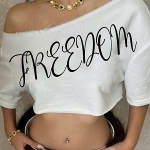 Summer Sexy Cropped Loose T-Shirt with Wide Shoulder Letter Print - European and American Street Style