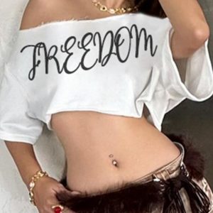 Summer Sexy Cropped Loose T-Shirt with Wide Shoulder Letter Print - European and American Street Style