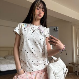 Summer Slim Fit Cartoon Rabbit Polka Dot T-Shirt for Women - Cute Casual Style, Trendy Hot Girl Design