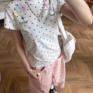 Summer Slim Fit Cartoon Rabbit Polka Dot T-Shirt for Women - Cute Casual Style, Trendy Hot Girl Design