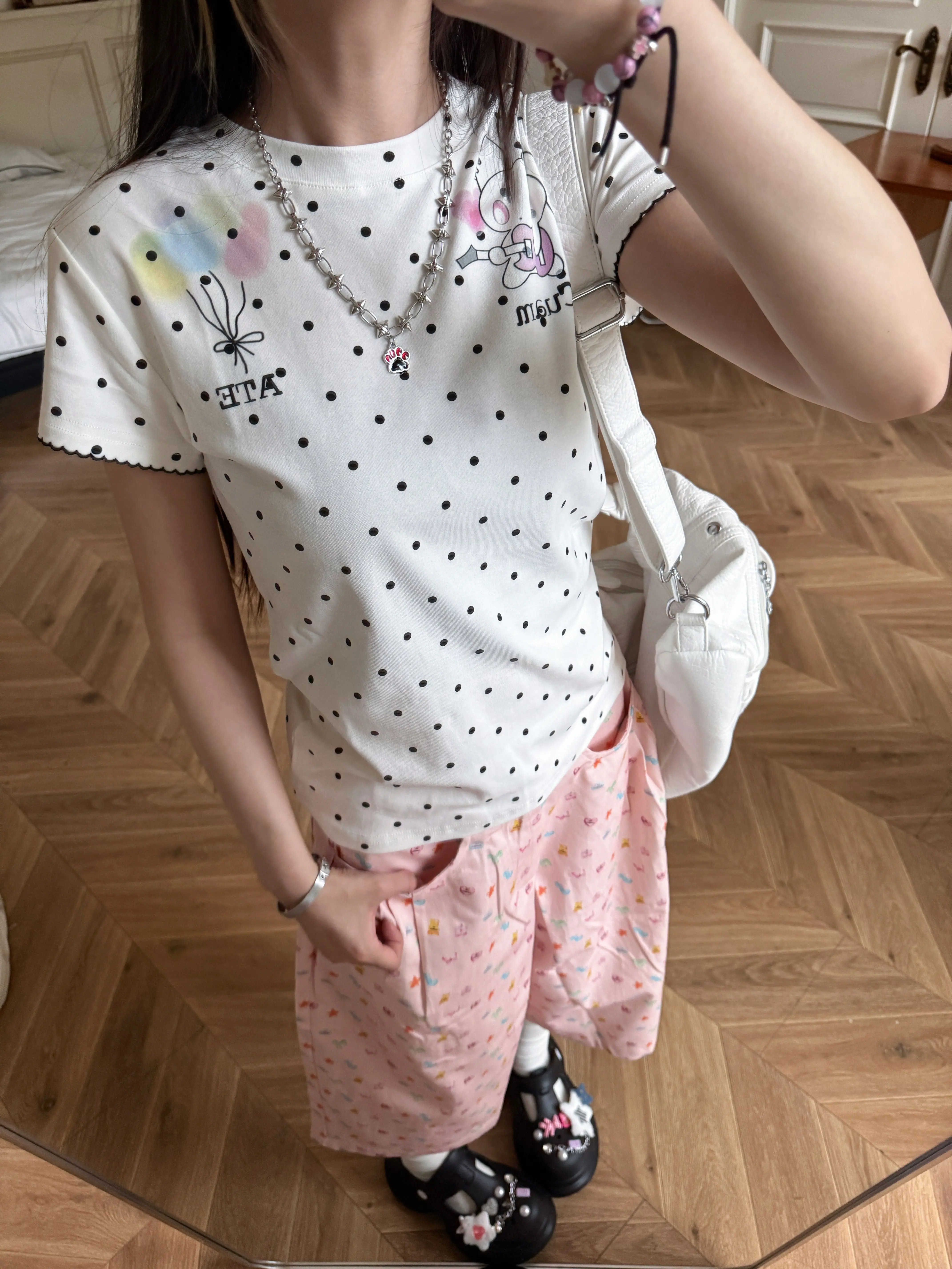 Summer Slim Fit Cartoon Rabbit Polka Dot T-Shirt for Women - Cute Casual Style, Trendy Hot Girl Design