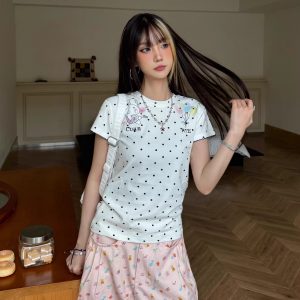 Summer Slim Fit Cartoon Rabbit Polka Dot T-Shirt for Women - Cute Casual Style, Trendy Hot Girl Design
