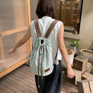 Summer Striped Drawstring Backpack - Canvas Large Capacity Versatile Bookbag for Travel and Daily Use