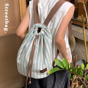 Summer Striped Drawstring Backpack - Canvas Large Capacity Versatile Bookbag for Travel and Daily Use