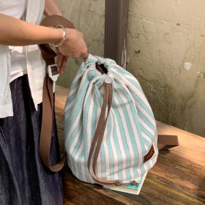 Summer Striped Drawstring Backpack - Canvas Large Capacity Versatile Bookbag for Travel and Daily Use