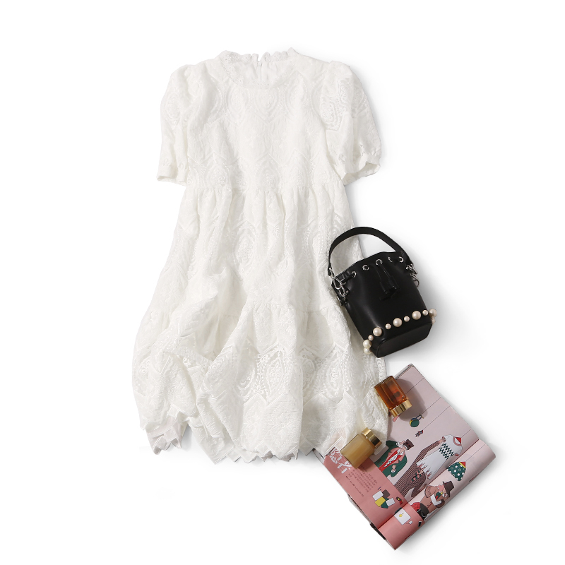 Summer Sweet Lace Round Neck Mesh Embroidered Casual Dress for Women - Fantasy Europe Style, Perfect for 90s and Y2K Fashion Lovers