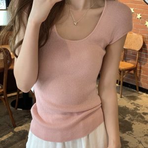 Summer Thin Ice Silk Big U-Neck Short-Sleeve Knitted Top – Unique Women's Fashion for Warm Weather