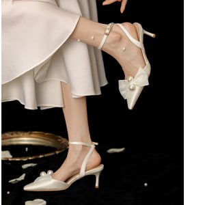 Summer Wedding Shoes for Women, Bow High Heels, One-Strap Closed-Toe Sandals, Fairy Style, Comfortable Bride Footwear