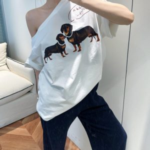 Summer White Off-Shoulder Sausage Dog T-Shirt - Slimming Short Sleeve Top, 90s Inspired, Versatile Casual Fashion