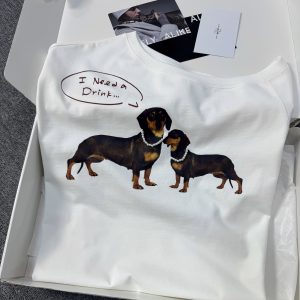 Summer White Off-Shoulder Sausage Dog T-Shirt - Slimming Short Sleeve Top, 90s Inspired, Versatile Casual Fashion