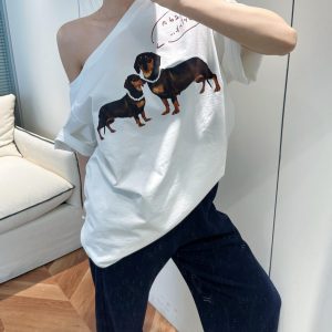 Summer White Off-Shoulder Sausage Dog T-Shirt - Slimming Short Sleeve Top, 90s Inspired, Versatile Casual Fashion