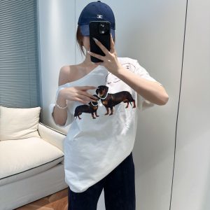 Summer White Off-Shoulder Sausage Dog T-Shirt - Slimming Short Sleeve Top, 90s Inspired, Versatile Casual Fashion
