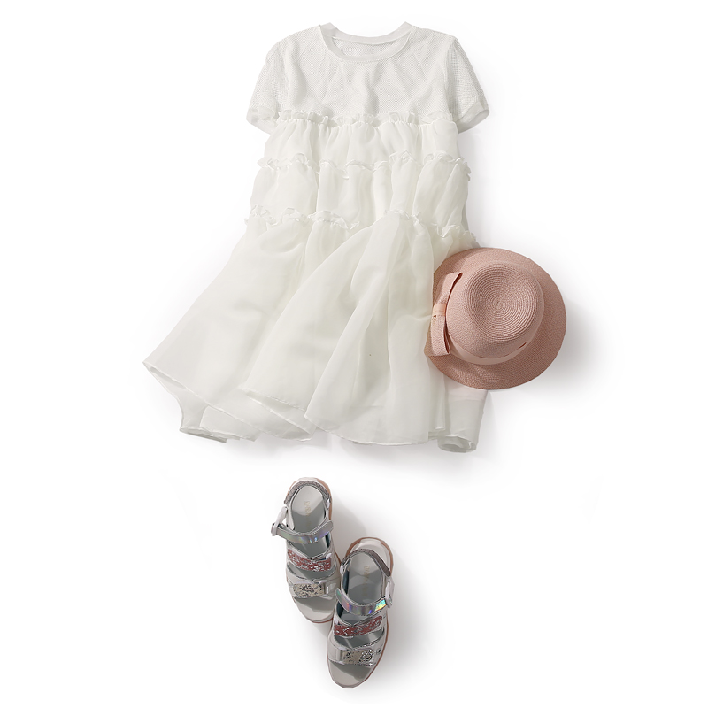 Summer Women's Casual Short Dress with Round Neck, Hollow Out Mesh, Ruffle Edge in Solid Color - European Fantasy Style