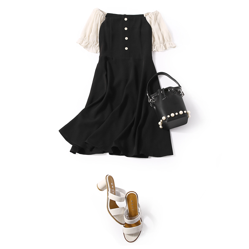 Summer Women's Square Neck Color-Block Lantern Sleeve Waist-Defining Commuter Dress - Elegant European Style