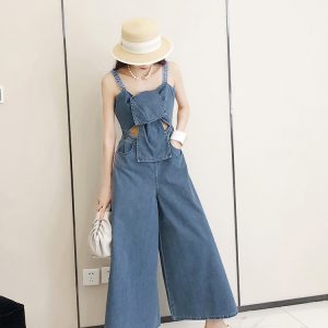 Summer Women's Wide-Leg Jumpsuit - Off-Shoulder, Hollow Twist Knot Design, Trendy Denim Fashion for European Style