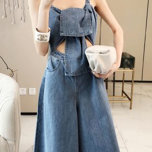 Summer Women's Wide-Leg Jumpsuit - Off-Shoulder, Hollow Twist Knot Design, Trendy Denim Fashion for European Style