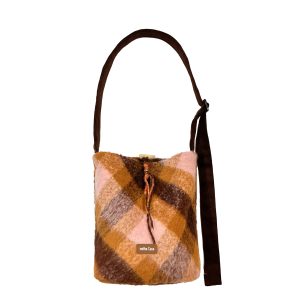 Sunset Orange High-Quality Woolen Plaid Large Capacity Crossbody Tote Bag - Stylish Commuter Bucket Bag for Everyday Use