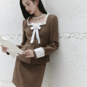 Sunset Rose Vintage Square Neck Little Chanel Style Coat Set - Elegant Women's Fashion, Vintage Inspired, Chic Outerwear