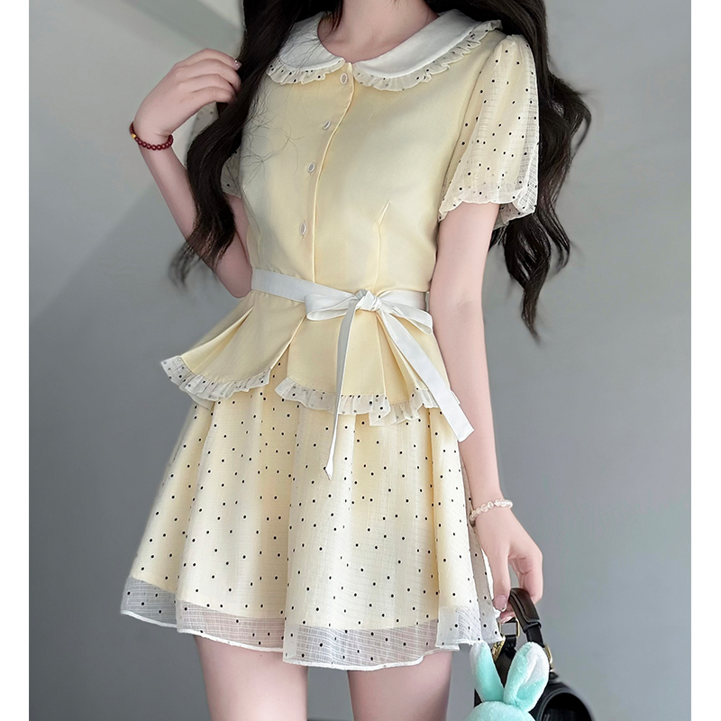 Sweet Academy Style Doll Collar Top with Pudding Bear Print and Polka Dot Skirt Women's Summer Set - Cute JK Uniform Look