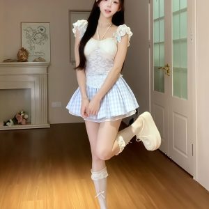 Sweet and Spicy Fitted Halter Top & High-Waisted Plaid Skirt Two-Piece Outfit for Spring - Trendy Y2K Style