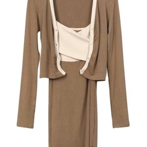 Sweet and Spicy Girl Camisole Bodycon Dress with Cardigan – Stylish Early Spring Two-Piece Outfit Set