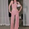 Sweet and Spicy Patchwork Lace Hollow Sleeveless Top with Strap and Slim Fit Flared Pants Two-Piece Set for Trendy Women