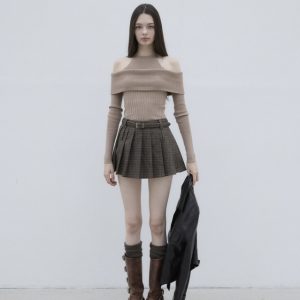 Sweet and Spicy Style Halter Neck Off-Shoulder Solid Color Fitted Knit Top and Skirt Set - Korean Style Fashion