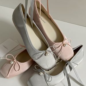 Sweet Bow Pearl Satin Cross Strap Ballet Flats for Women - Comfortable Gentle 90s Style Flat Shoes