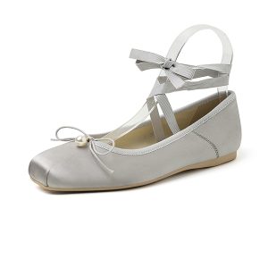 Sweet Bow Pearl Satin Cross Strap Ballet Flats for Women - Comfortable Gentle 90s Style Flat Shoes